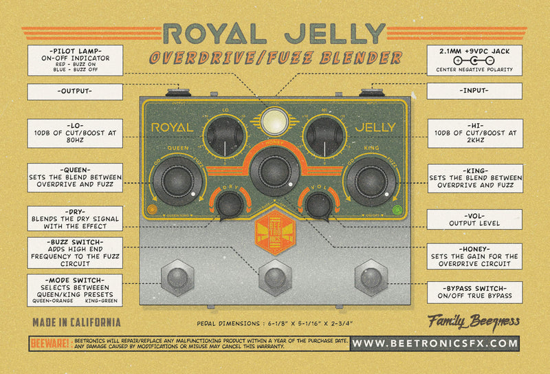 Beetronics Royal Jelly Overdrive Fuzz Blender Pedal w/Free Shipping